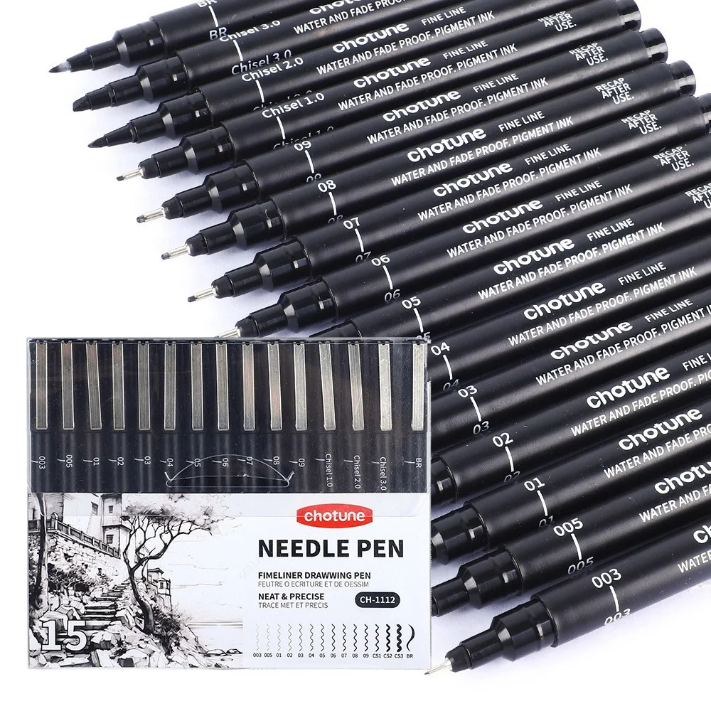 Copic Marker Sketch - أقلام صغيرة سوداء، 15 مقاسًا، حبر